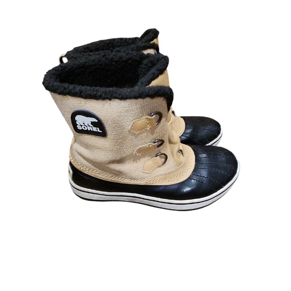 Kids Sorel Snow Boots Tan Black Waterproof Winter Warm‎ Lined Size 8